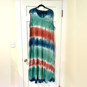 EUC Suzanne Betro Sage & Pink Tie-Dye Split-Hem Maxi Dress Women 2X Super Soft